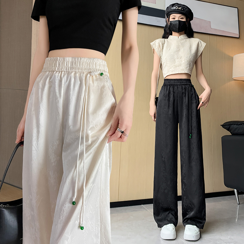實拍2024春夏新款新中式闊腿褲國風窄版直筒緞面提花休閒褲女