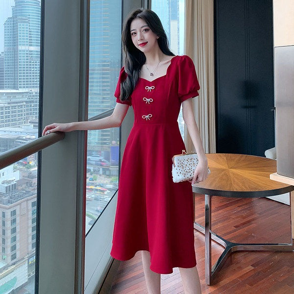 大碼法式禮服復古泡泡袖連衣裙女夏天2024新款女裝胖MM氣質小裙子
