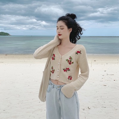 初秋套裝女時尚復古鈎花刺繡開衫針織衫上衣