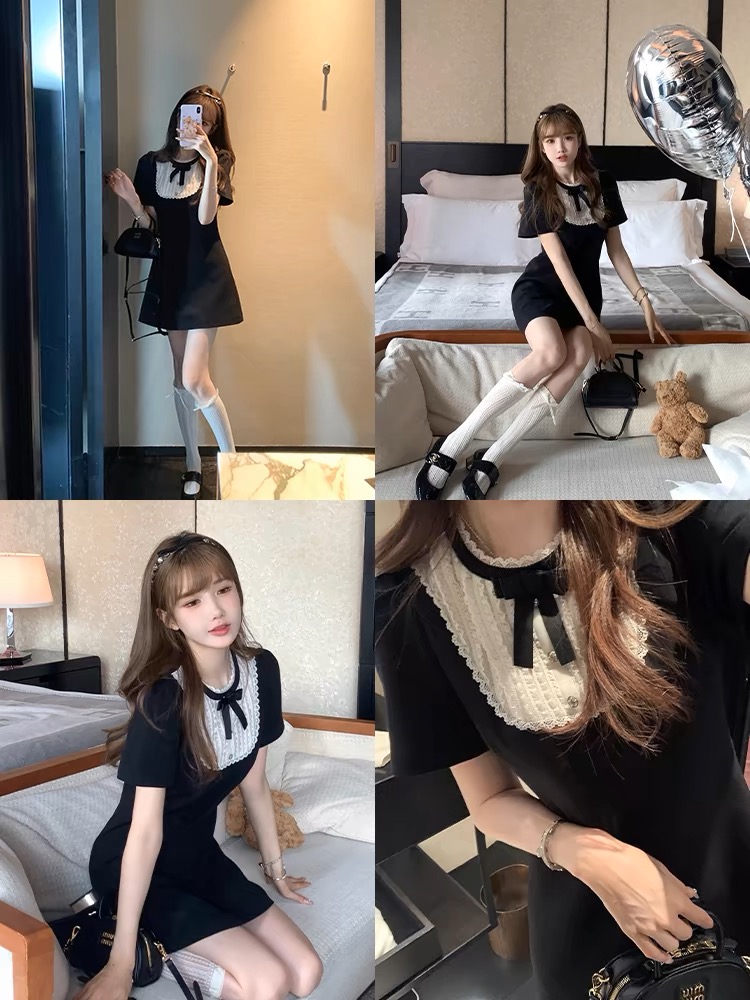 Bigking大金家 黑色連衣裙女春夏miu系千金風蝴蝶結小禮裙小黑裙