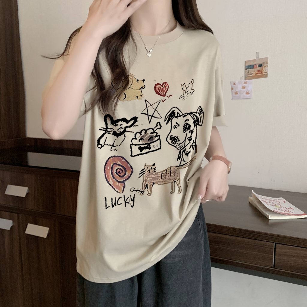 實拍 100%棉精梳純棉 印花夏裝短袖T恤女寬鬆韓版