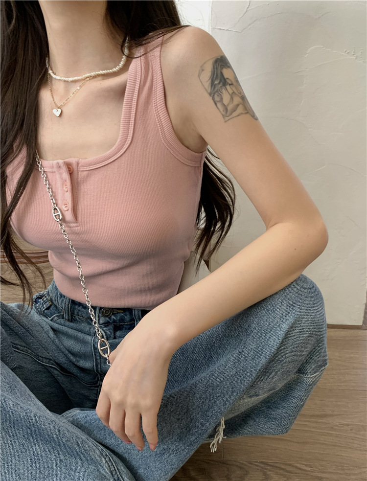 螺紋吊帶背心女夏季甜辣風外穿短款U領工字上衣