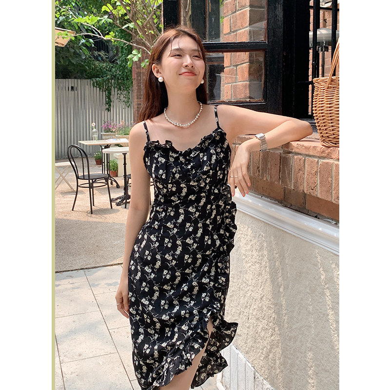 實拍 2024夏季新款法式浪漫不規則裙子吊帶雪紡小碎花連衣裙女