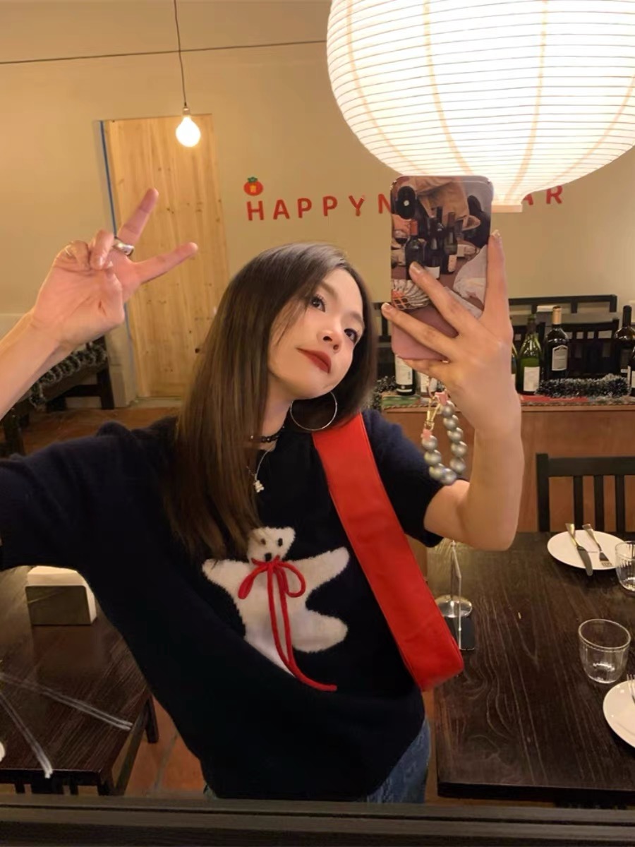 藏青色短袖毛衣女2024韓版顯瘦新款設計感小眾圓領上衣針織小個子