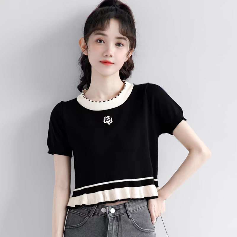 2024夏季新款別致木耳邊修身短上衣女高腰短款黑色短袖冰絲針織衫