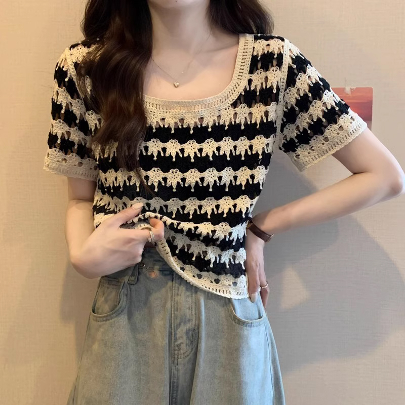 條紋短袖t恤女裝夏季2024新款鏤空針織衫小個子法式方領短款上衣