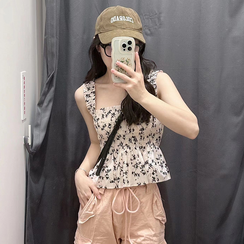 減齡短款夏季無袖背心女裝吊帶碎花印花抽褶襯衫上衣