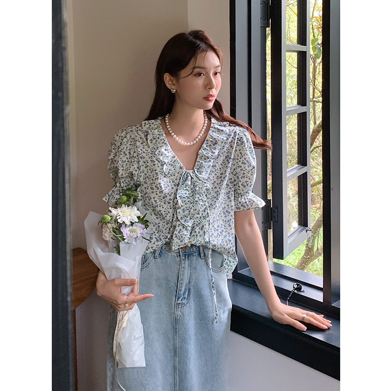 實拍 2024夏季新款法式浪漫印花上衣小衫襯衣短袖木耳邊襯衫女