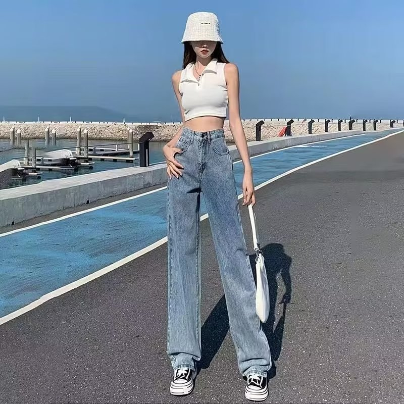 韓國復古直筒牛仔褲女春夏季寬鬆顯瘦梨型身材微闊腿拖地褲子
