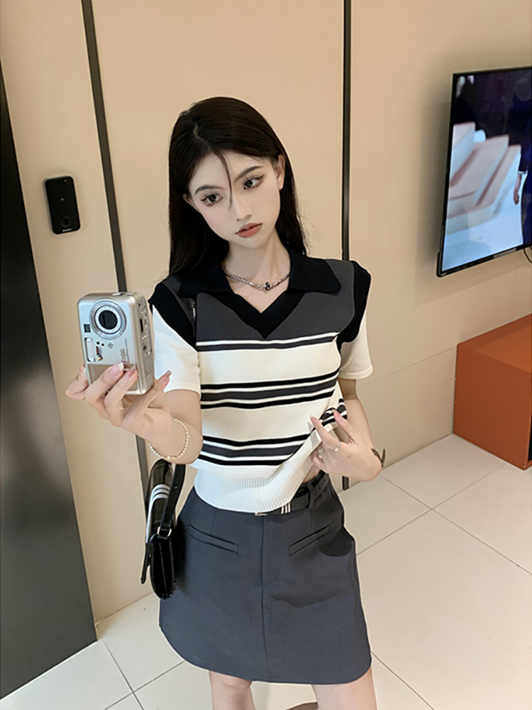 假兩件針織衫女裝夏季新款復古條紋polo領小眾設計感短袖上衣
