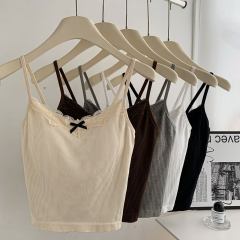 純欲蕾絲針織吊帶背心女夏季辣妹外穿帶胸墊蝴蝶結無袖打底小上衣