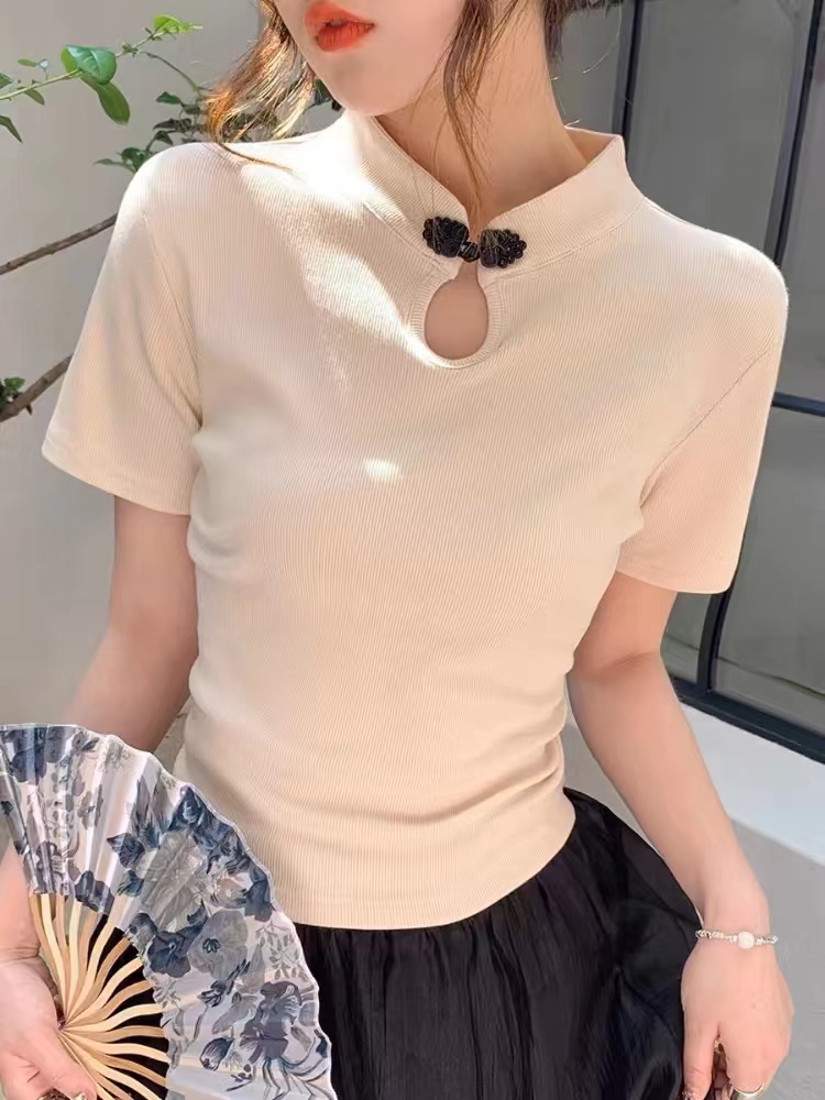 新中式盤扣國風短款上衣女夏2024新款設計感小眾復古正肩短袖t恤
