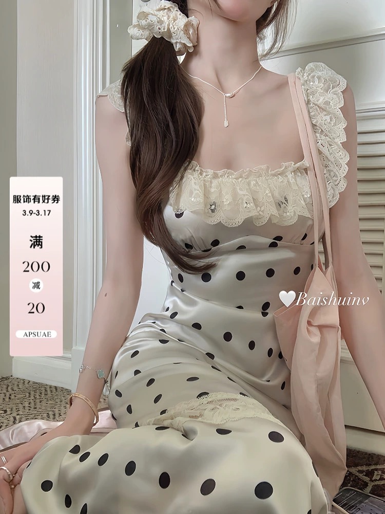 白水女浪漫姐姐~波點吊帶連衣裙女圓領露背拼接收腰顯瘦裙子