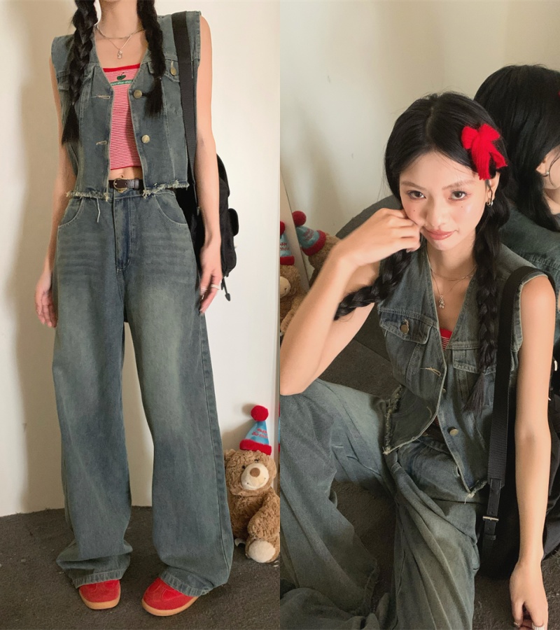 實拍 早春辣妹短款排扣牛仔馬甲+拖地闊腿牛仔褲套裝