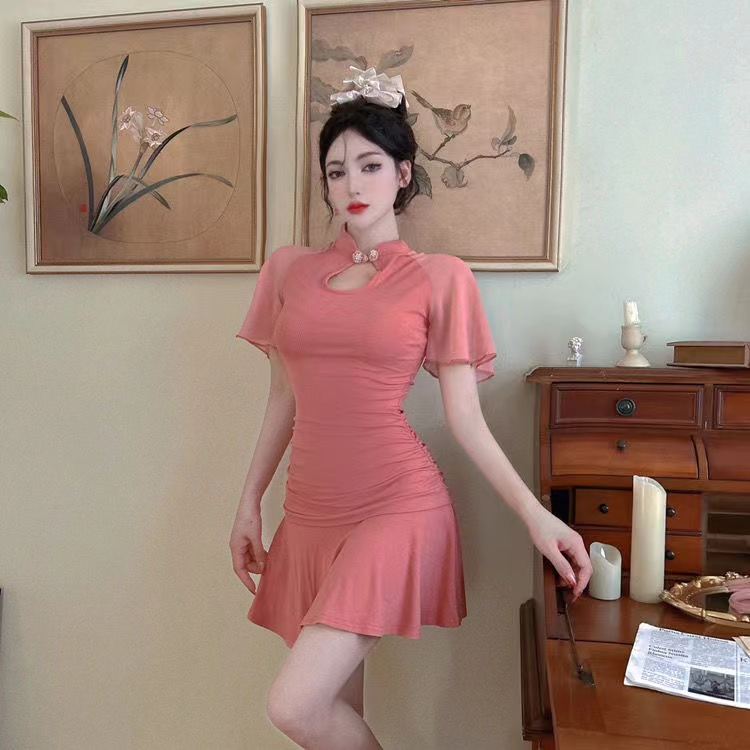 純欲辣妹2024新款復古改良名國風旗袍荷葉邊收腰減齡短裙女連衣裙