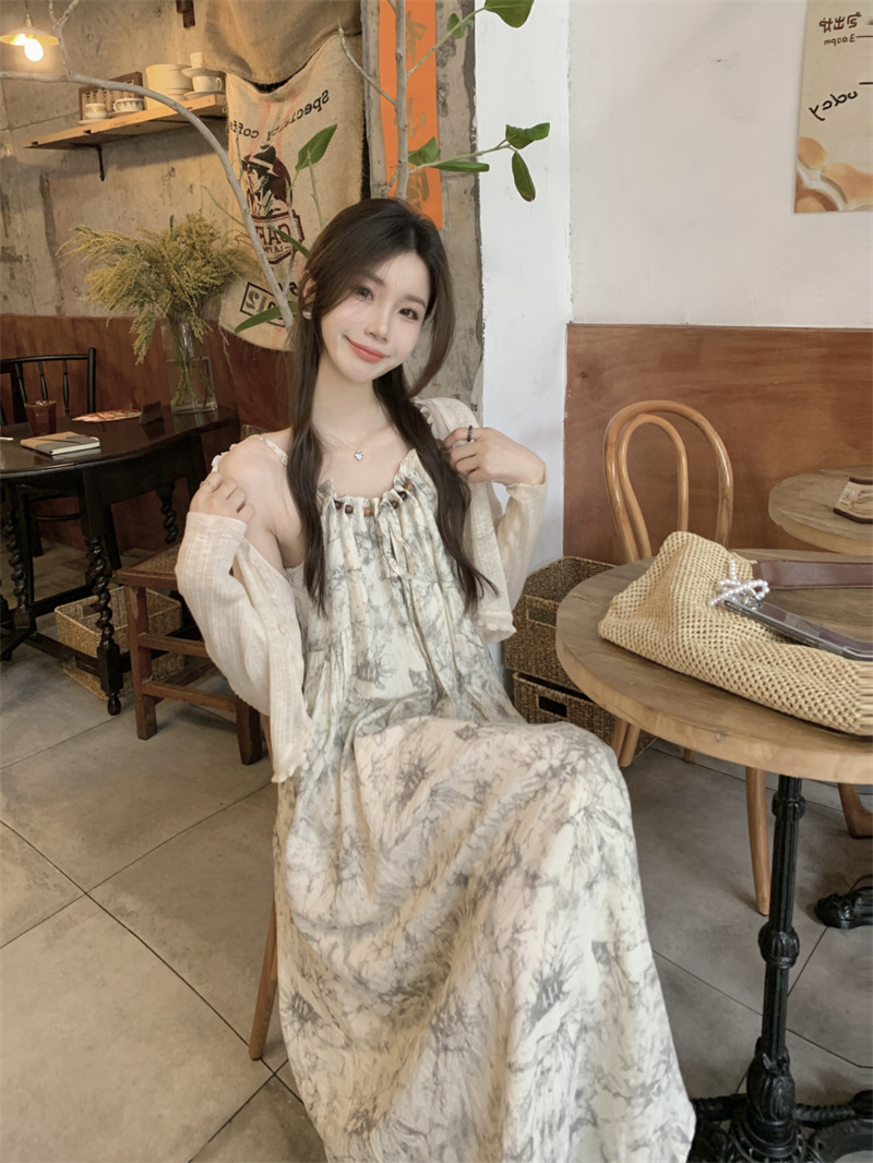 2024新款連衣裙新中式氣質提花吊帶長裙女裝針織開衫套裝裙子實拍
