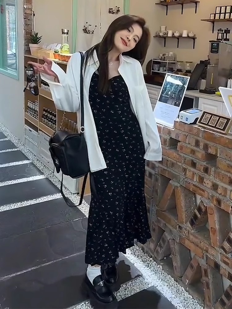 玫瑰晚宴黑色碎花吊帶連衣裙顯瘦氣質高級肩帶可調節魚尾包臀長裙
