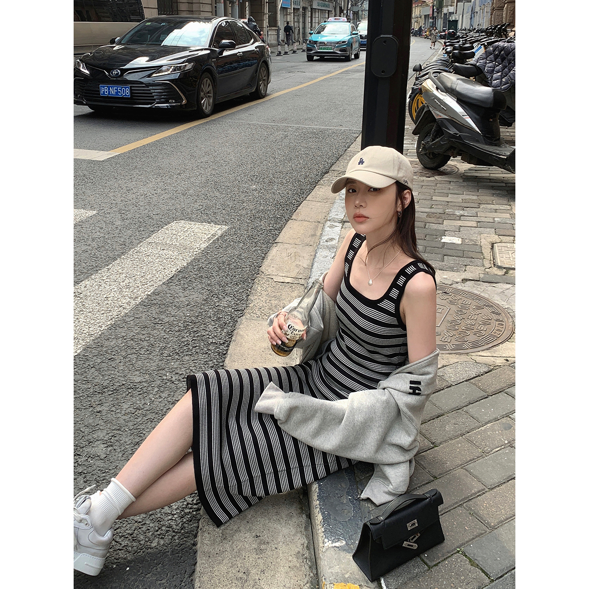 張貝貝ibell設計感長款條紋背心裙女夏季顯瘦時尚百搭U領連衣裙