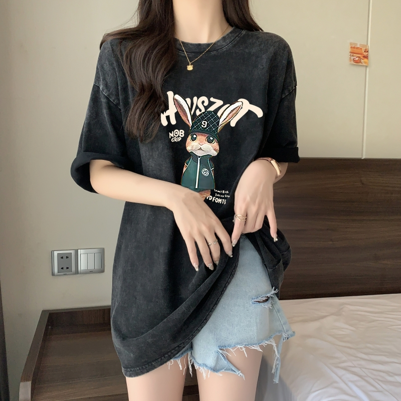 22410#實拍100%棉220g純棉水洗做舊 寬鬆短袖T恤女寬鬆