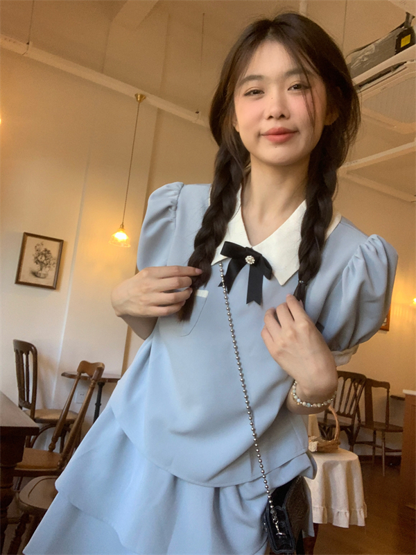 實拍富家千金藍色減齡上衣甜美奶乖半裙小個子套裝