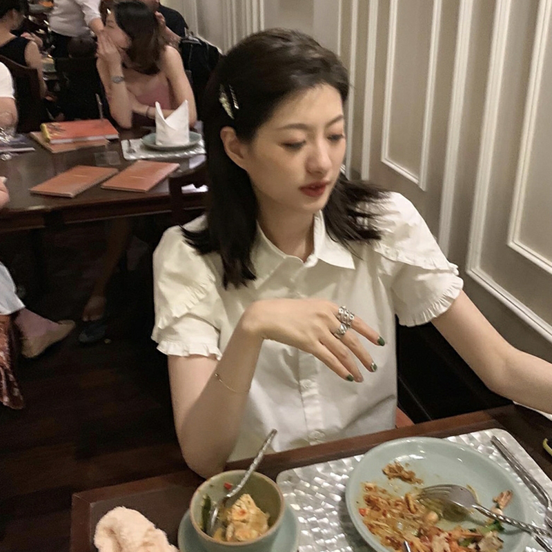白色荷葉邊短袖襯衫女2024夏季新款設計感小眾韓版寬鬆百搭襯衣女