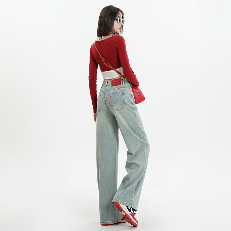 實拍2024春夏刺繡高腰窄版直筒牛仔褲女