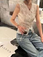 2024 Spring New V-Neck Lace Edge Flower Button Backless Women's Mini Split Hot Girl Base Top Trendy