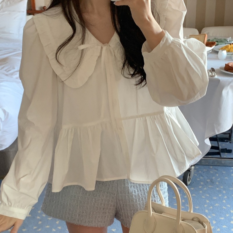 韓版chic氣質木耳邊氣質白色襯衫女裝ins減齡娃娃領長袖襯衣