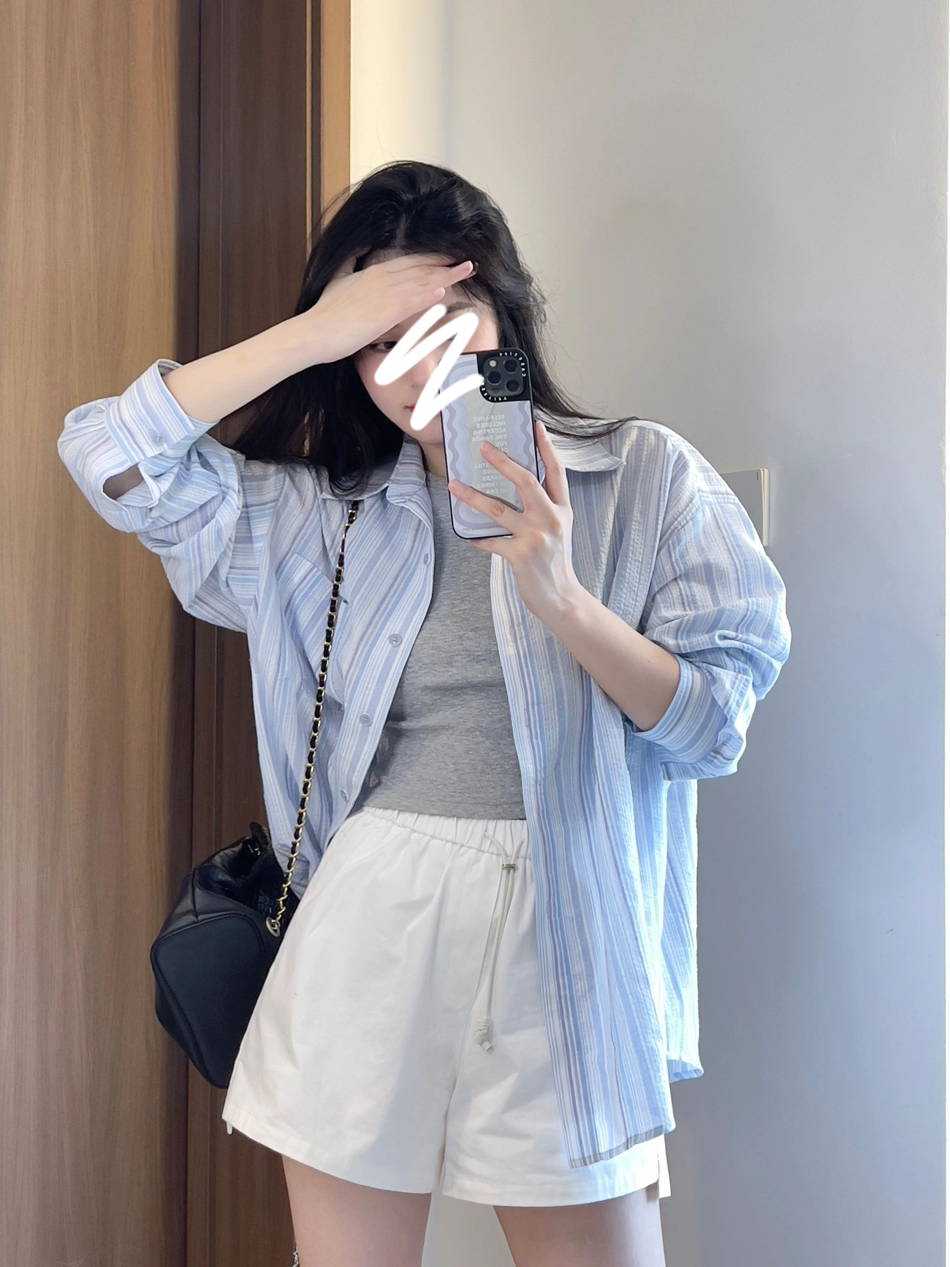 新款甜美氣質上衣女寬鬆慵懶長袖藍色條紋休閒襯衣薄外套