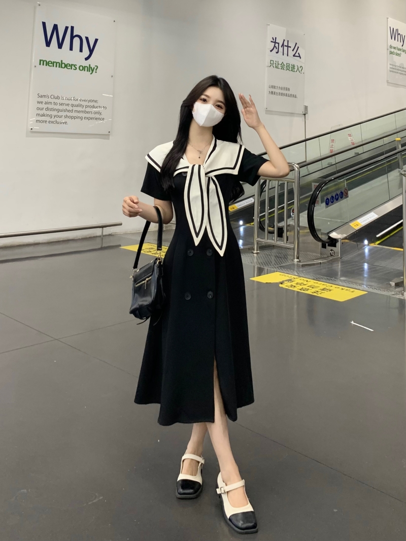 大碼女裝赫本風時尚港風海軍領連衣裙夏季新款小個子減齡氣質裙子