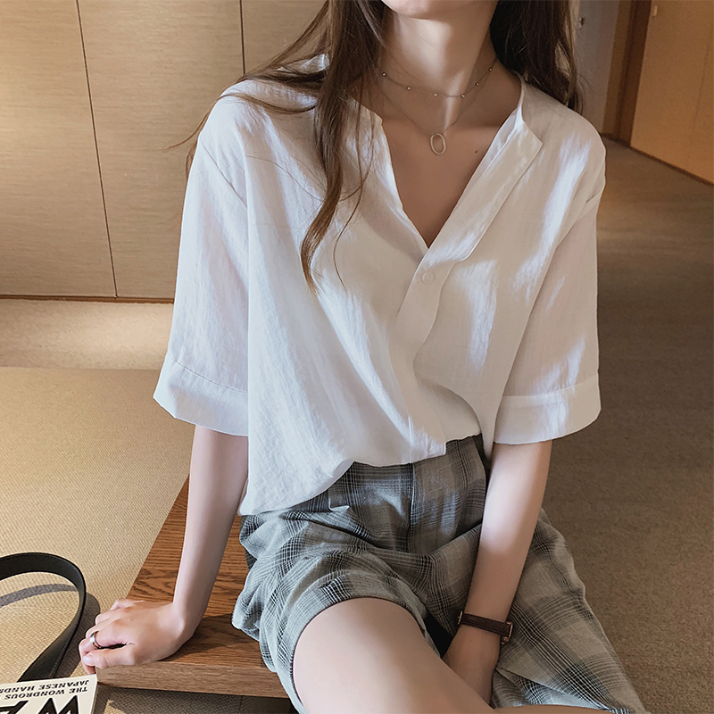 新款時尚氣質白襯衫女設計感小眾上衣韓范短袖襯衣打底衫