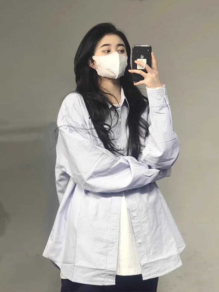 藍色條紋長袖襯衫外套上衣女新款設計感小眾高級內搭襯衣