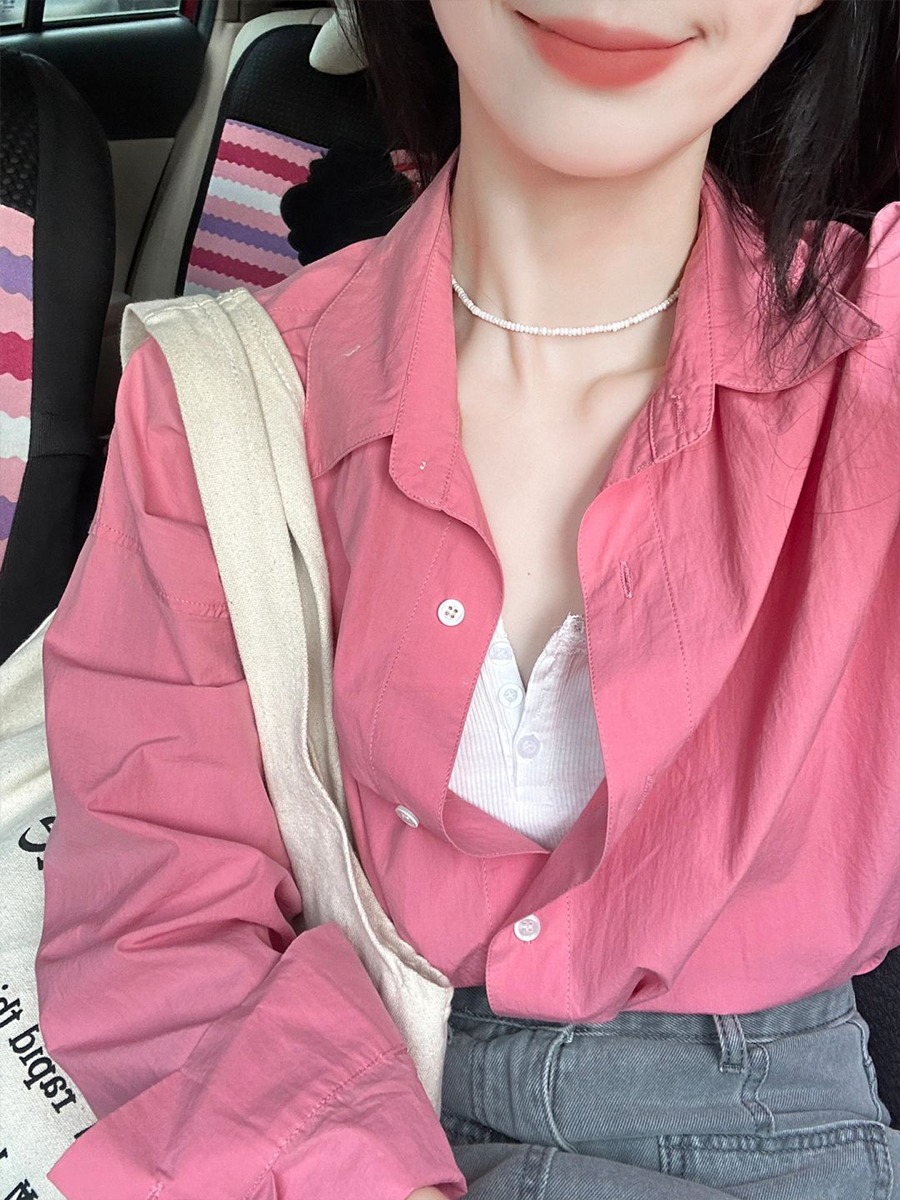 法式粉色長袖防曬襯衫外套女春秋秋季外搭襯衣開衫設計感小眾上衣