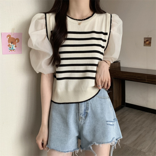 Real shot French fake two-piece knitted sweater spring and summer new style gentle stitching contrasting striped knitted top trendy