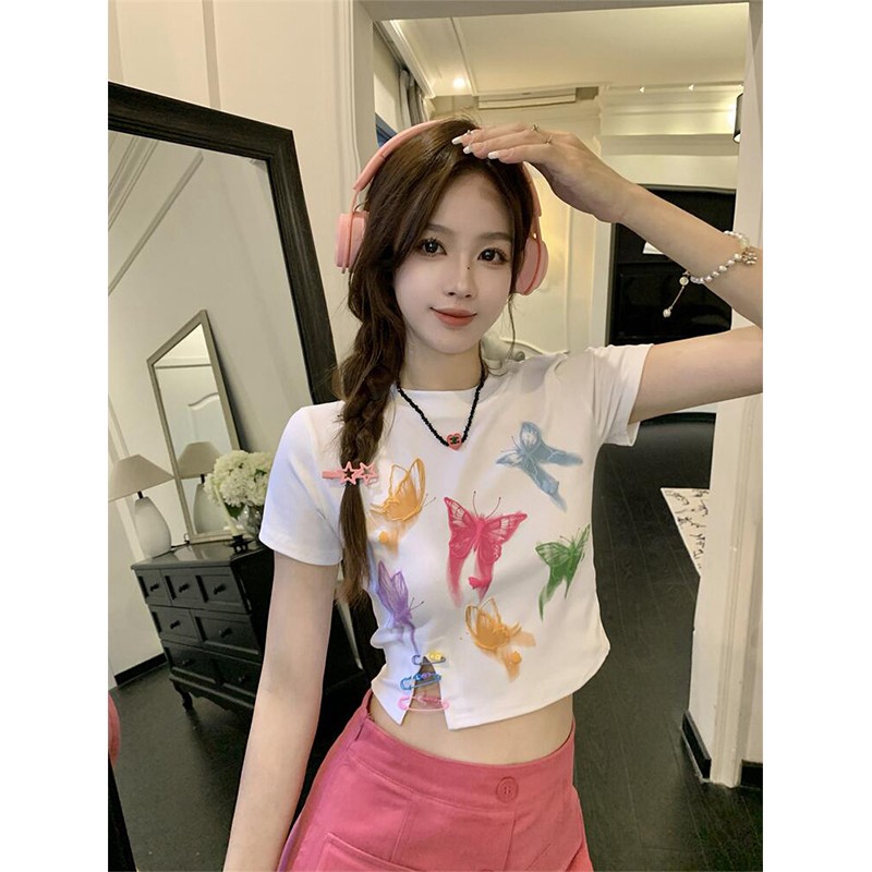 美式甜辣妹蝴蝶印花露臍短袖T恤女夏季修身顯瘦短款小眾別致上衣