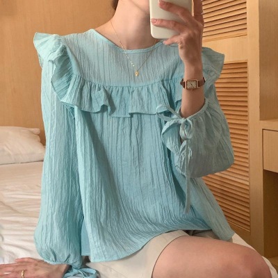 韓國chic夏季法式甜美圓領拼接荷葉邊後背系帶寬鬆泡泡袖襯衫女