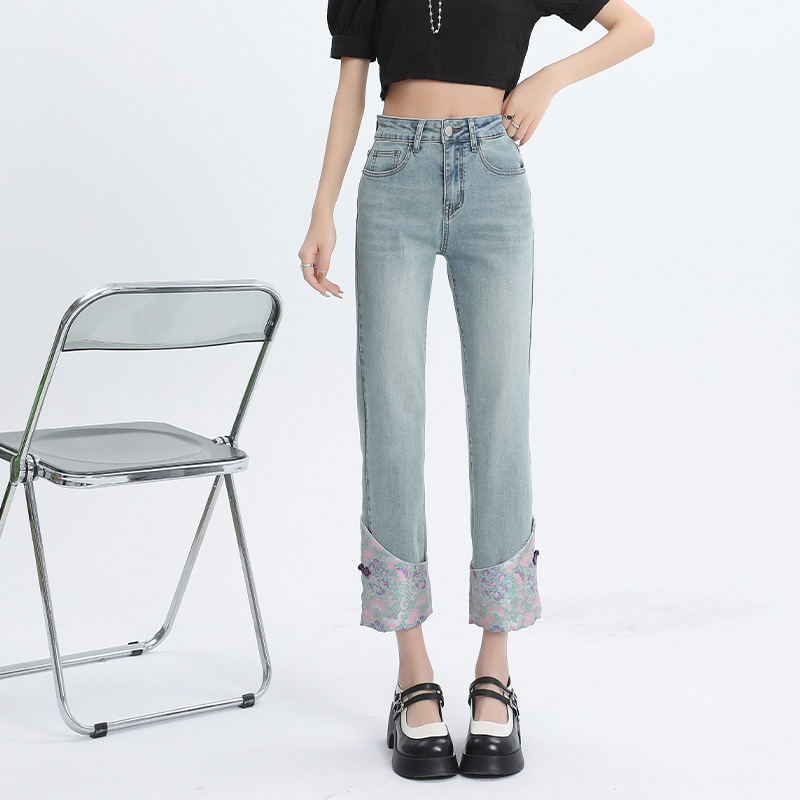 實拍2024春夏高腰闊腿直筒復古牛仔褲女
