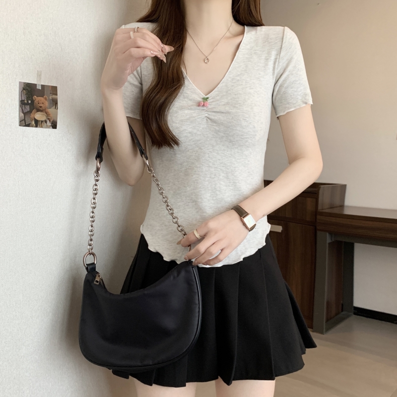 實拍上衣短袖2024夏裝V領打底衫女荷葉邊短袖T恤女時尚款