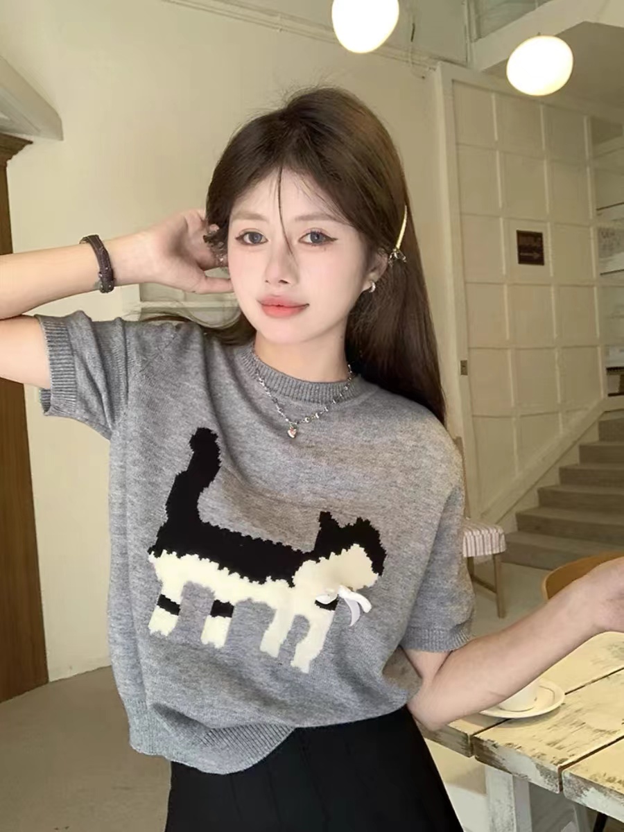 春夏2024新款灰色提花T恤女設計感寬鬆圓領針織衫內搭短袖上衣ins