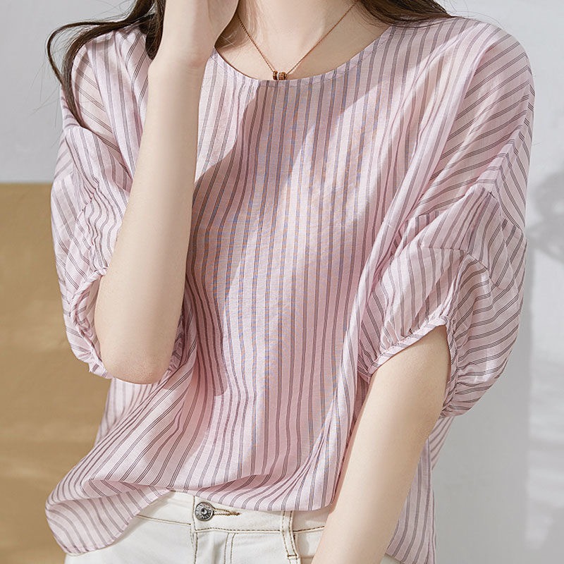 設計感小眾短袖條紋襯衫女2024夏季休閒寬鬆垂感百搭上衣顯瘦女裝