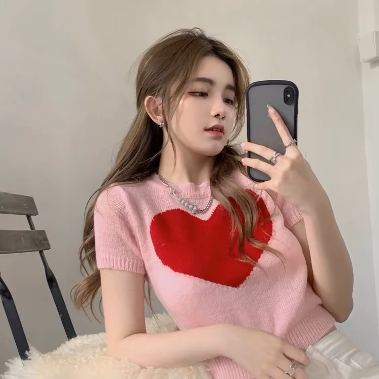 可鹽可甜小個子高腰短款上衣女搭配闊腿褲愛心短袖冰絲正肩T恤夏