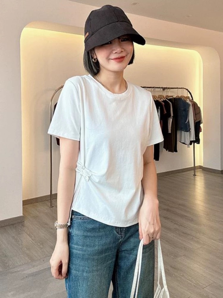 輕國風盤扣短袖T恤女2024夏季新款中式基礎圓領寬鬆上衣高級小衫