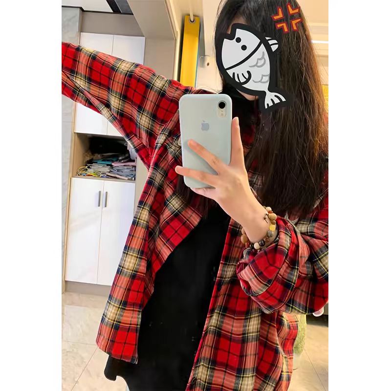 美式刺繡紅色格子襯衫女長袖寬鬆春秋高街設計感小眾薄款襯衣外套
