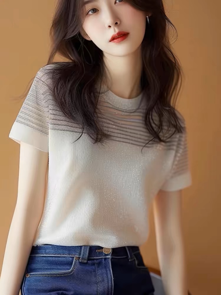 亮閃閃條紋短袖t恤女夏季法式小香風輕奢設計感小眾上衣獨特别致