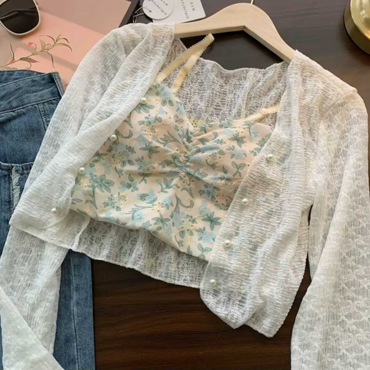 Summer new style lace sun protection cardigan jacket for women breathable thin versatile short style with suspenders air conditioning blouse top