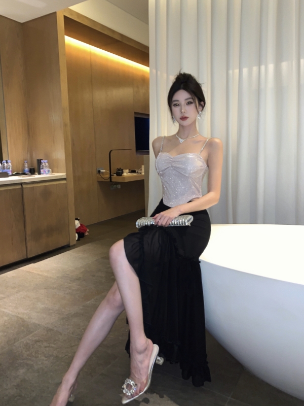 實拍夏季新款魚骨性感抹胸吊帶背心＋開叉魚尾半身裙