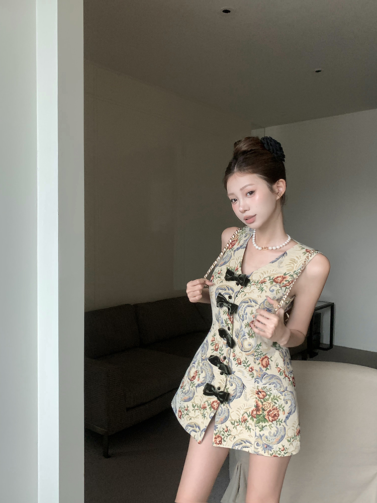 實拍 泰蘭德美術館復古兩色無袖蝴蝶結背心裙春收腰V領連衣裙