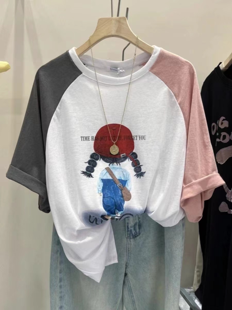 大碼女裝胖MM300斤插肩袖卡通拼色休閒T恤女印花顯瘦上衣
