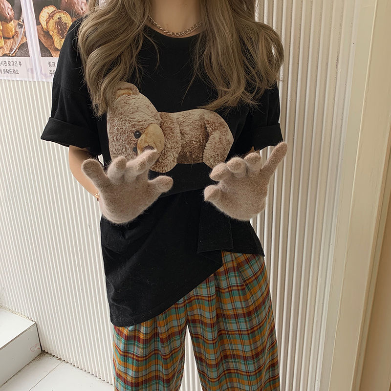 趣味卡通泰迪熊印花短袖t恤女寬鬆半袖上衣