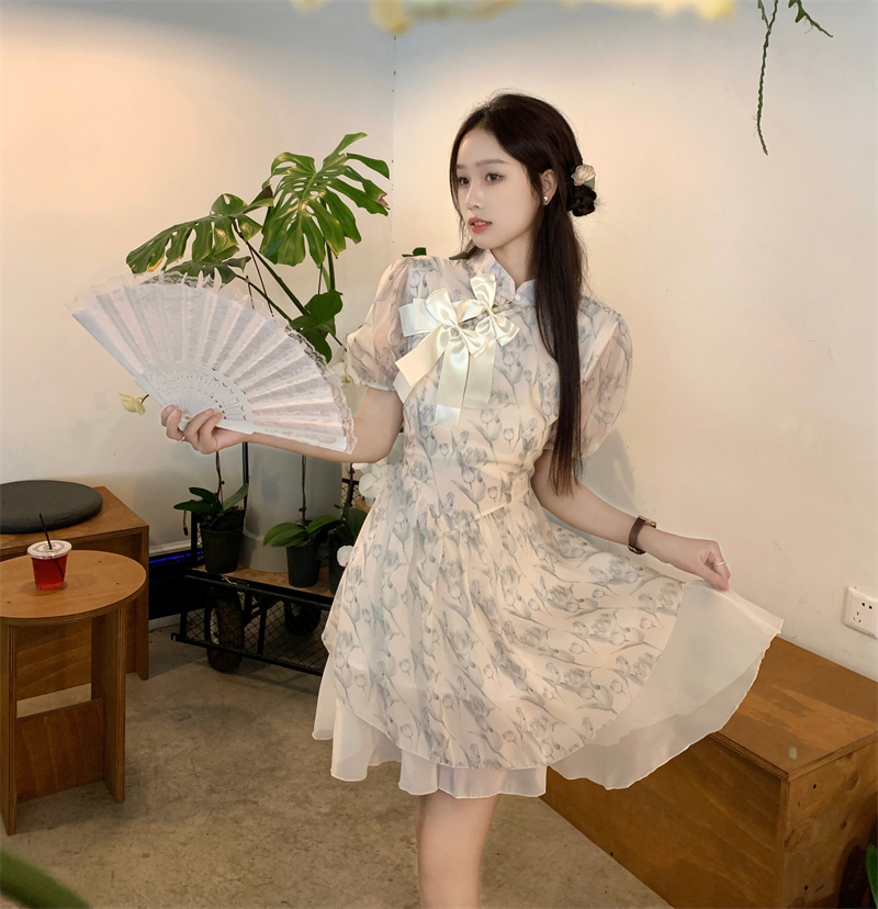 實拍~新中式甜美蝴蝶結設計感收腰氣質泡泡袖碎花蓬蓬連衣裙